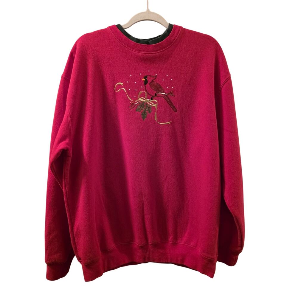 Vtg Embroidered Cardinal Crewneck Sweatshirt Double Collar Christmas Holiday L